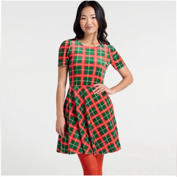 Modcloth Red Green Plaid Party Favors Fit and Flare Velvet Christmas Dress S - Picture 1 of 11